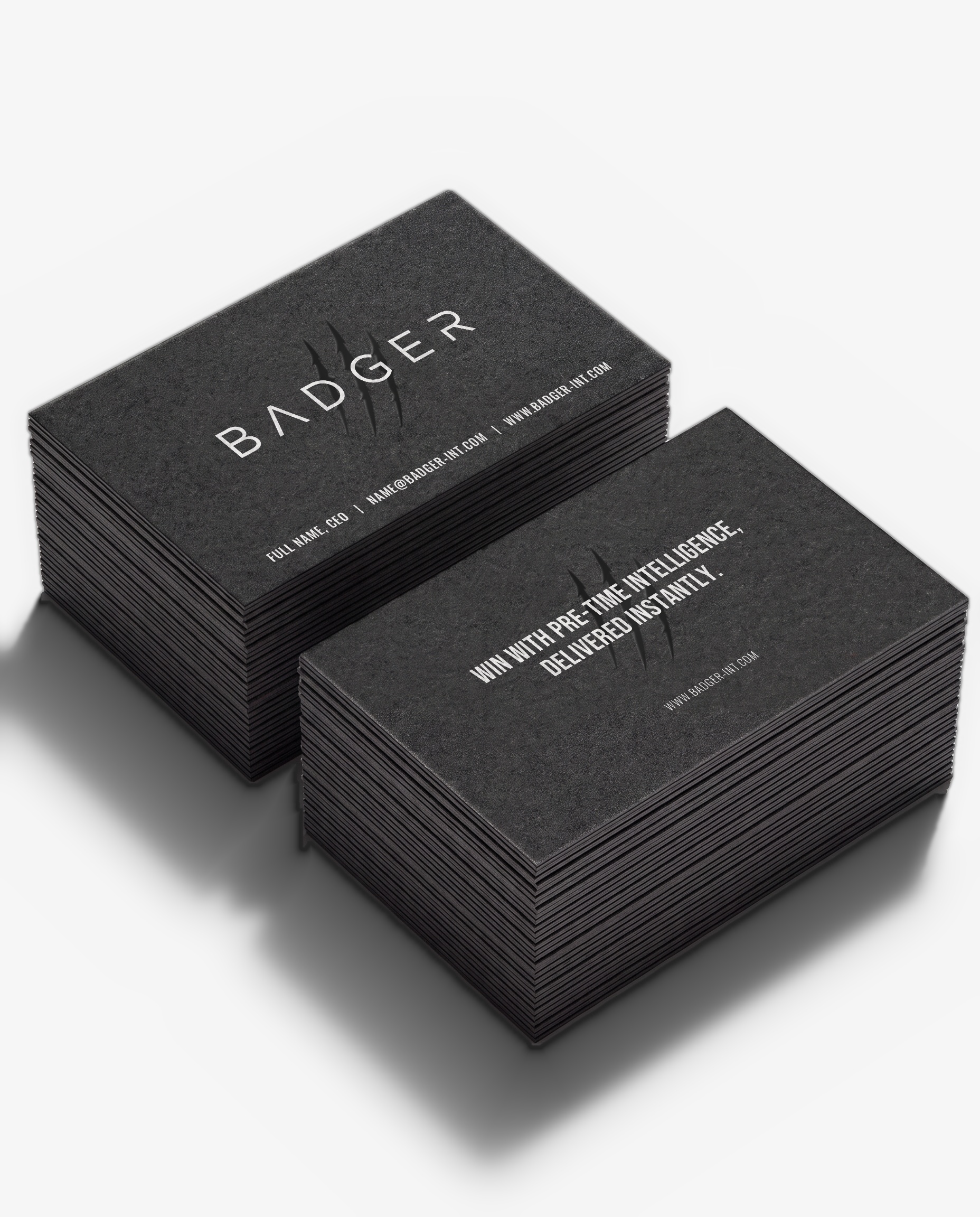 Badger business cards in black with the white wordmark