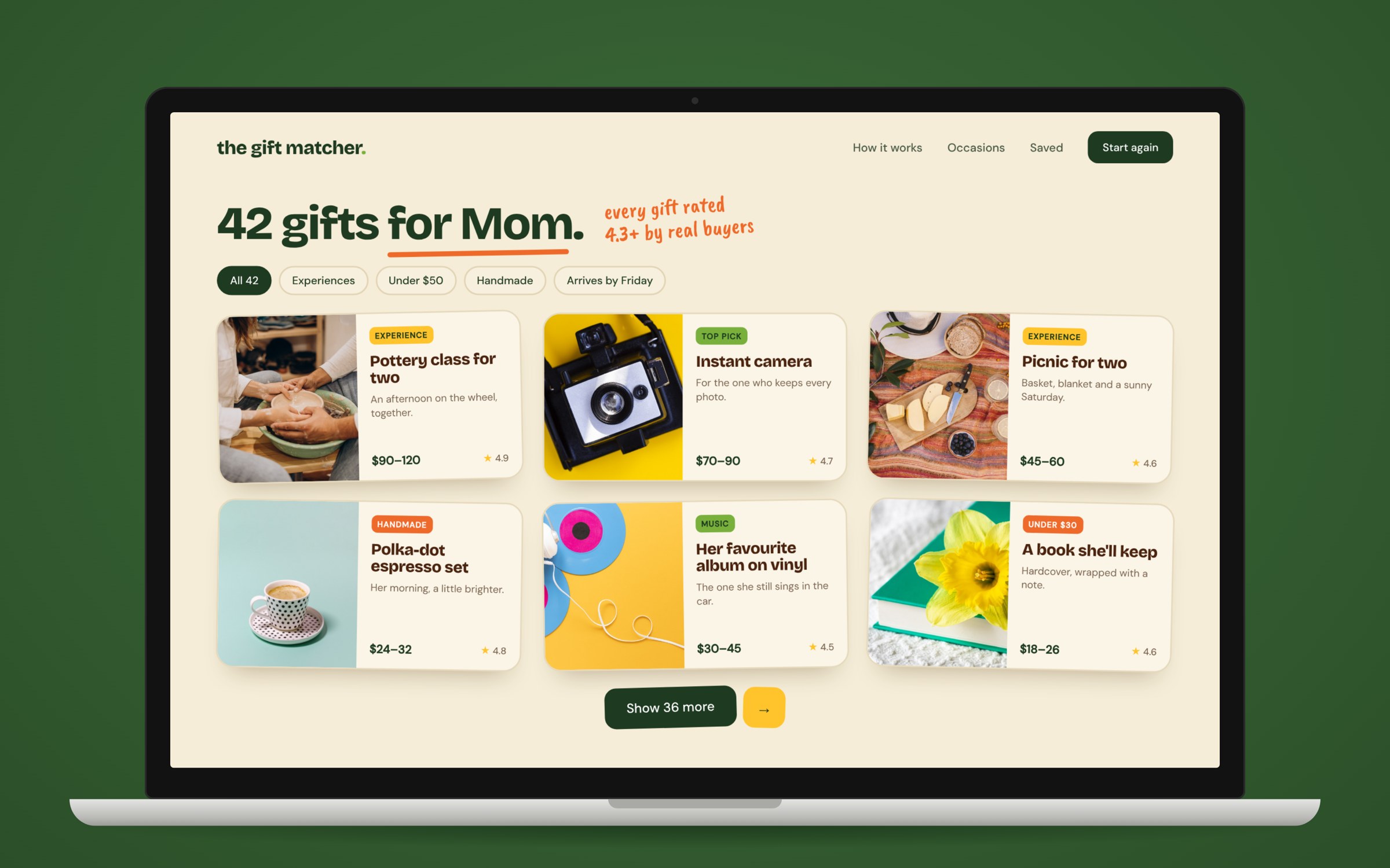 Results page on a laptop: 42 gifts for Mom, six gift cards with price ranges and ratings