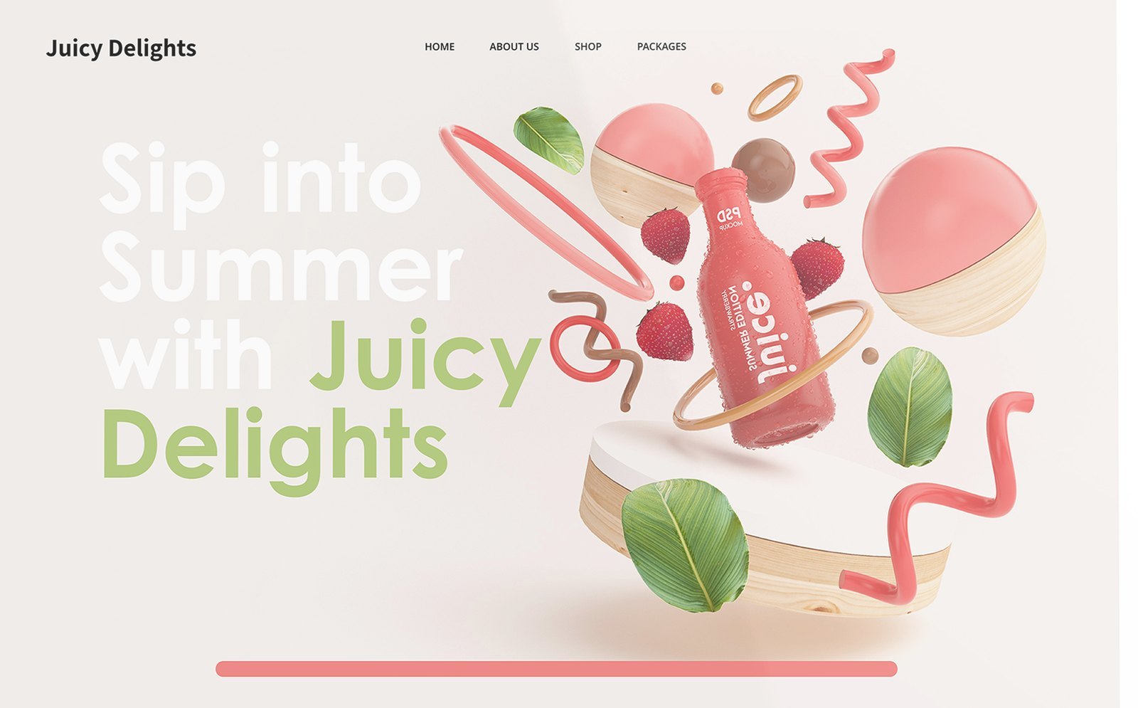 Juicy Delights hero: juice bottle with fruit