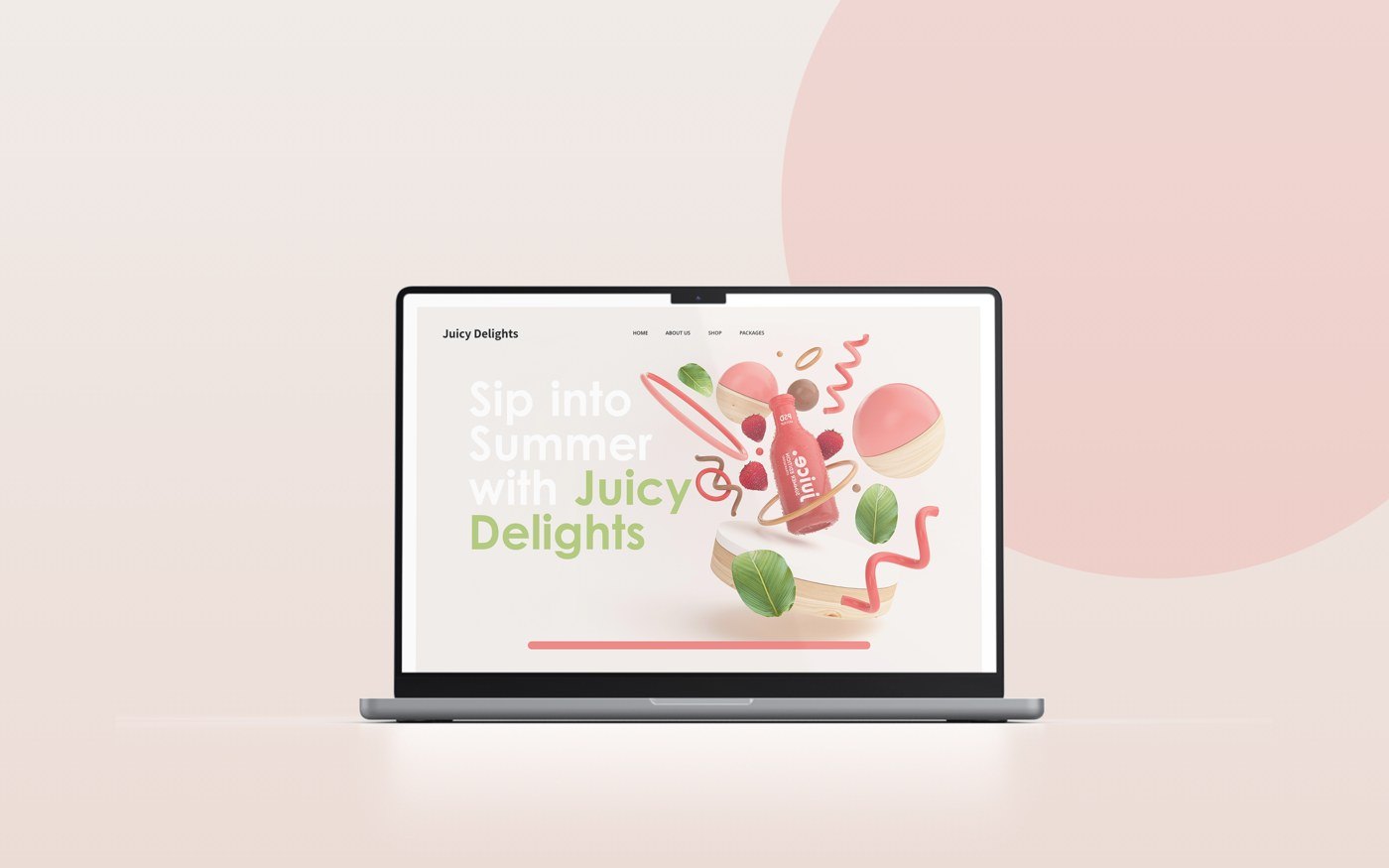 Juicy Delights landing page shown on a laptop