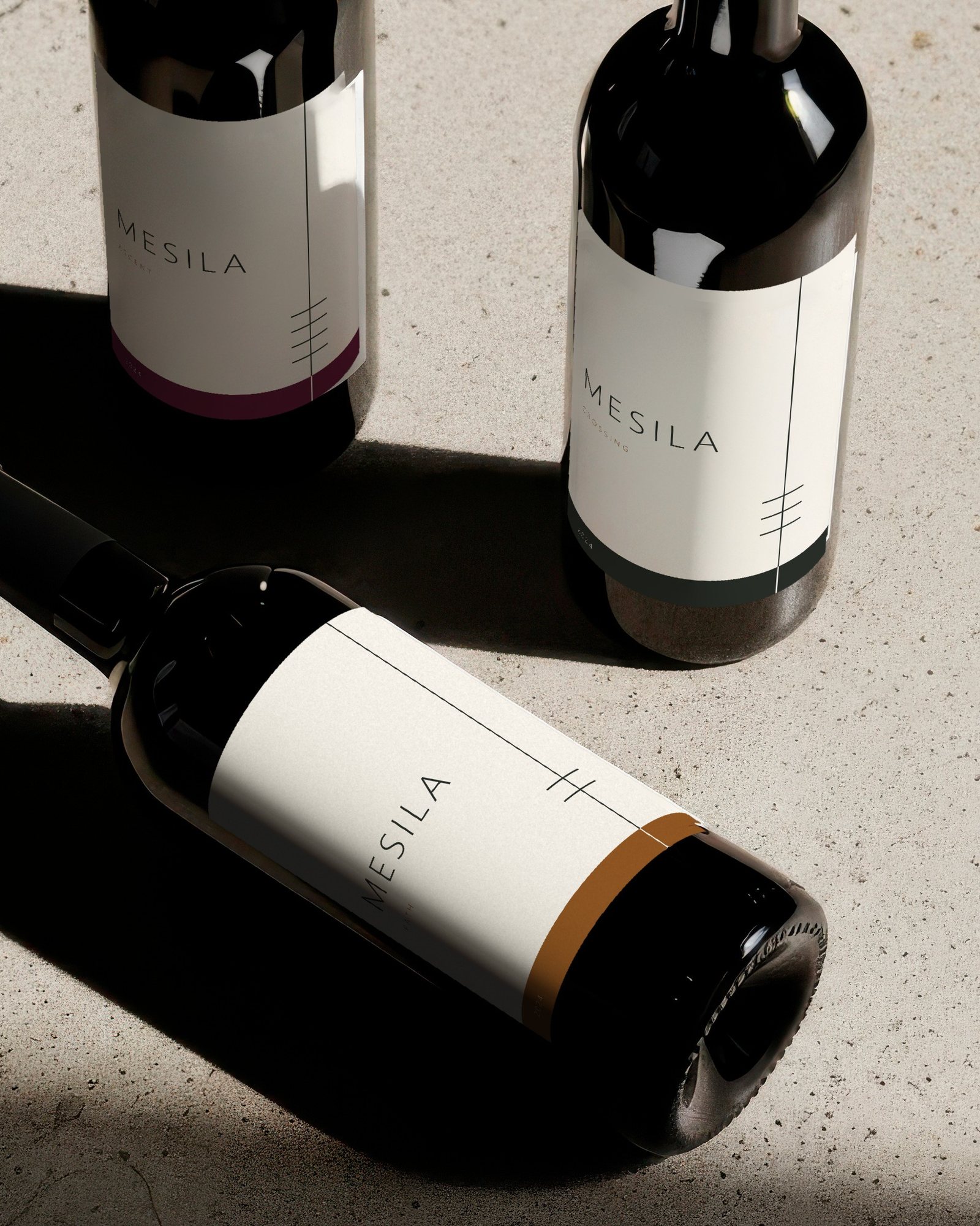 MESILA wine bottles with the four-series label system on concrete
