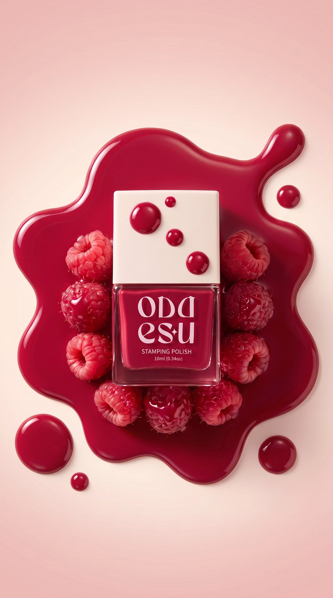 ODDESU bottle in a pool of polish, raspberries around it